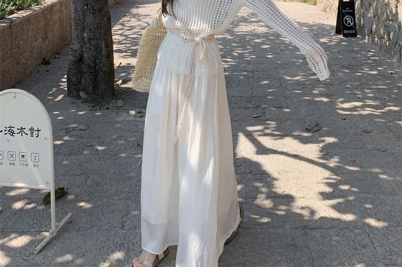 Pointelle Knit Long-Sleeve Top with Belt and Maxi Skirt Set