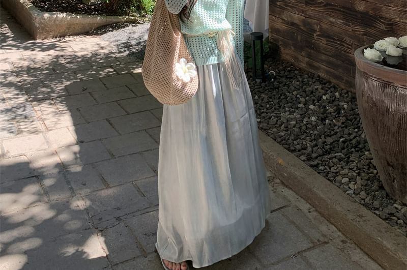 Pointelle Knit Long-Sleeve Top with Belt and Maxi Skirt Set