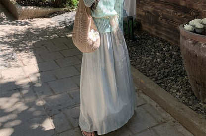 Pointelle Knit Long-Sleeve Top with Belt and Maxi Skirt Set