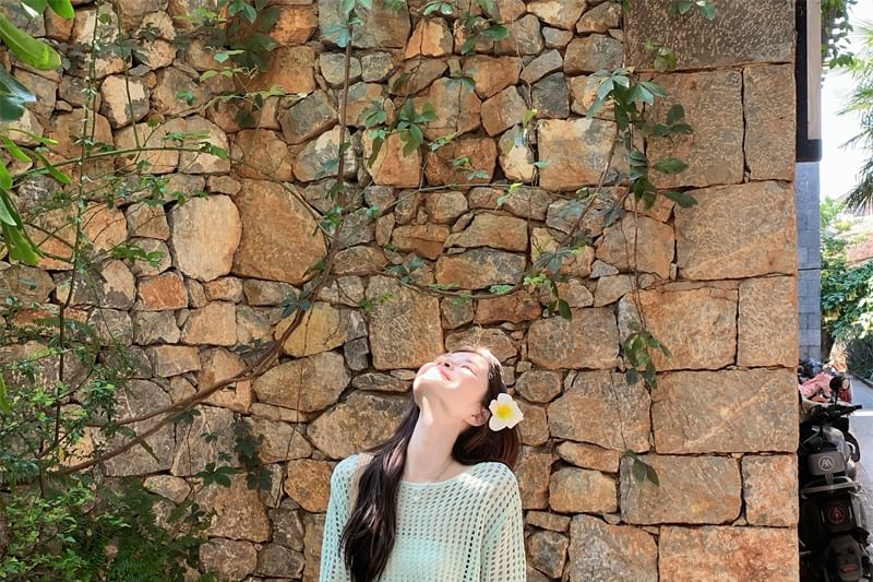 Pointelle Knit Long-Sleeve Top with Belt and Maxi Skirt Set