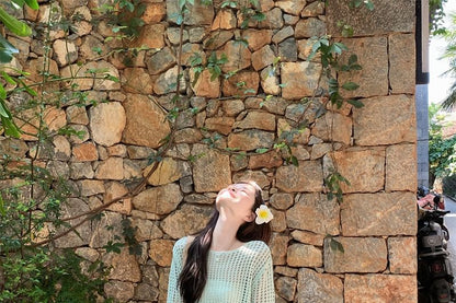 Pointelle Knit Long-Sleeve Top with Belt and Maxi Skirt Set