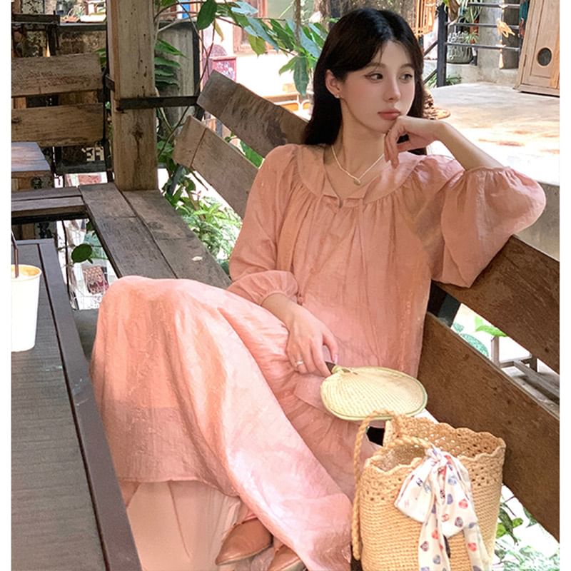 Gathered Tie-Front Blouse with Round Neck and A-Line Skirt