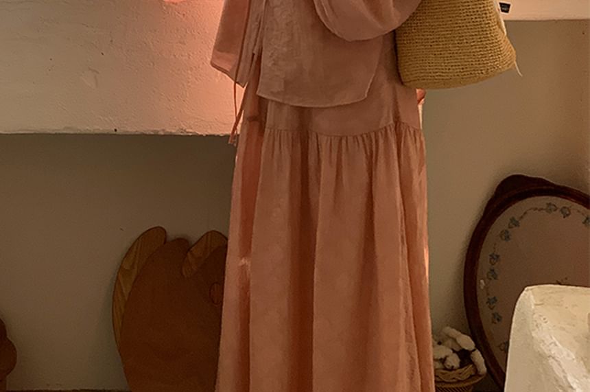 Gathered Tie-Front Blouse with Round Neck and A-Line Skirt