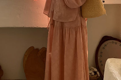 Gathered Tie-Front Blouse with Round Neck and A-Line Skirt