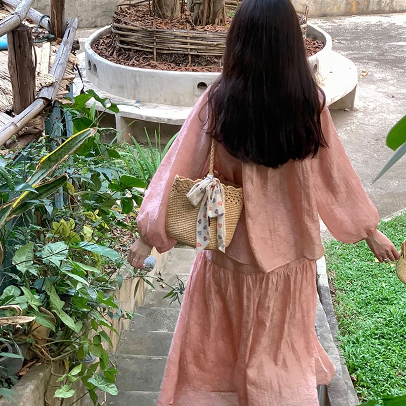 Gathered Tie-Front Blouse with Round Neck and A-Line Skirt