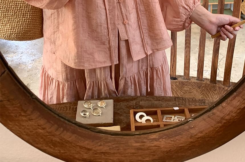Gathered Tie-Front Blouse with Round Neck and A-Line Skirt