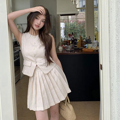 Buttoned Vest with Round Neck and Pleated Mini Skirt Set