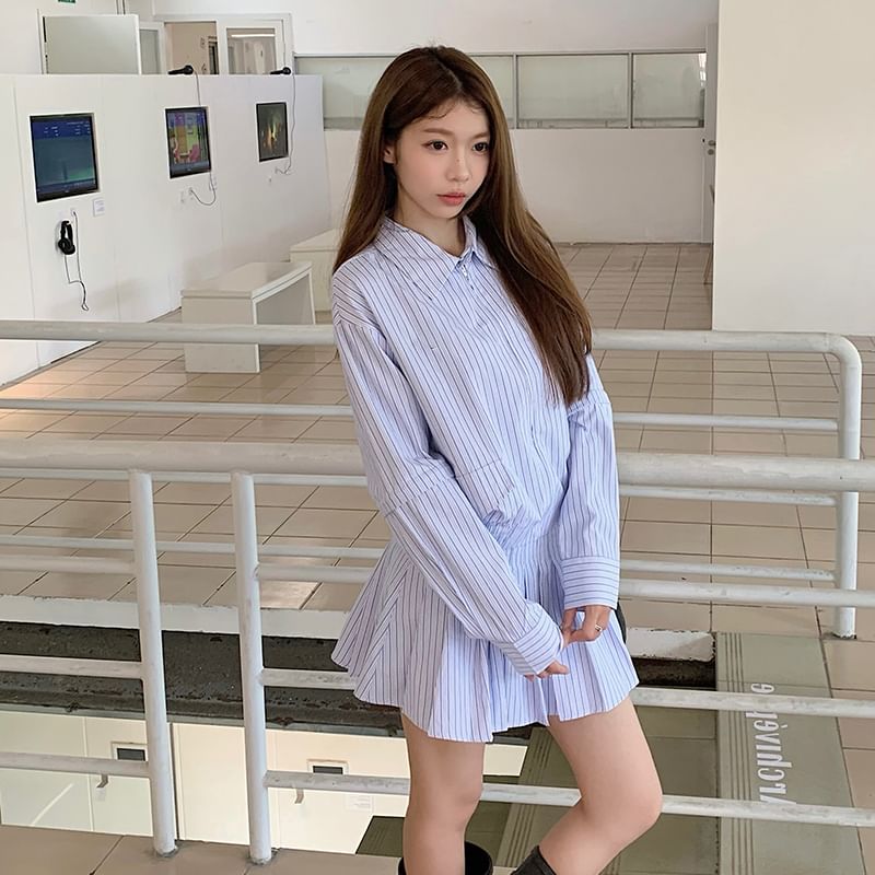 Collared Sleeveless Shirt, Zip Long-Sleeve Top, A-Line Skirt Set