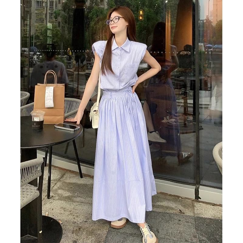 Collared Sleeveless Shirt, Zip Long-Sleeve Top, A-Line Skirt Set
