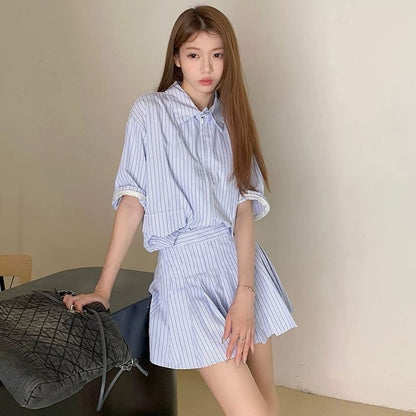 Collared Sleeveless Shirt, Zip Long-Sleeve Top, A-Line Skirt Set