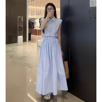 Collared Sleeveless Shirt, Zip Long-Sleeve Top, A-Line Skirt Set