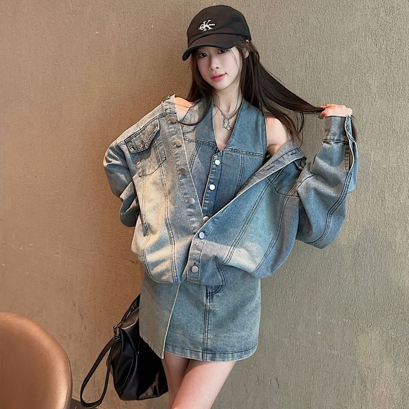 Washed Denim Shirt with Collar and High Waist Pencil Skirt Set