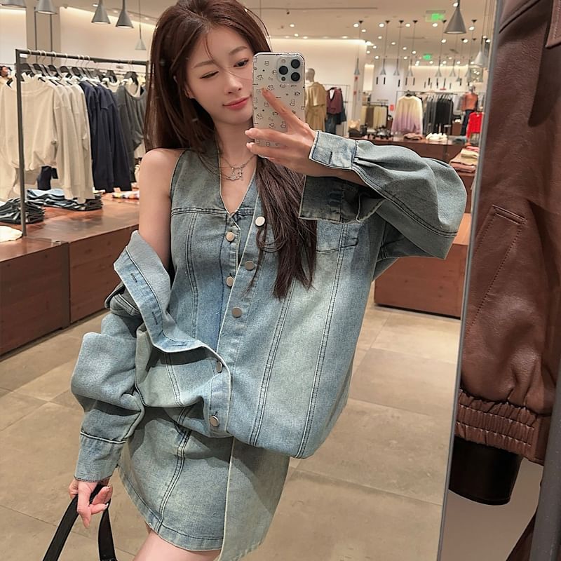 Washed Denim Shirt with Collar and High Waist Pencil Skirt Set