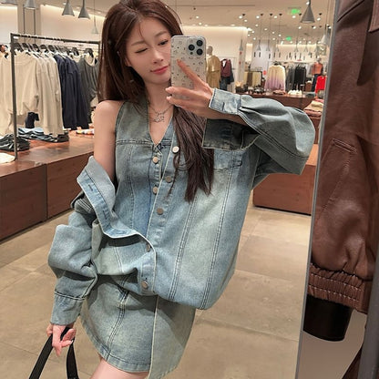 Washed Denim Shirt with Collar and High Waist Pencil Skirt Set