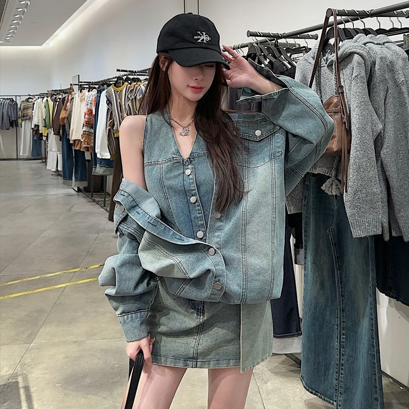 Washed Denim Shirt with Collar and High Waist Pencil Skirt Set