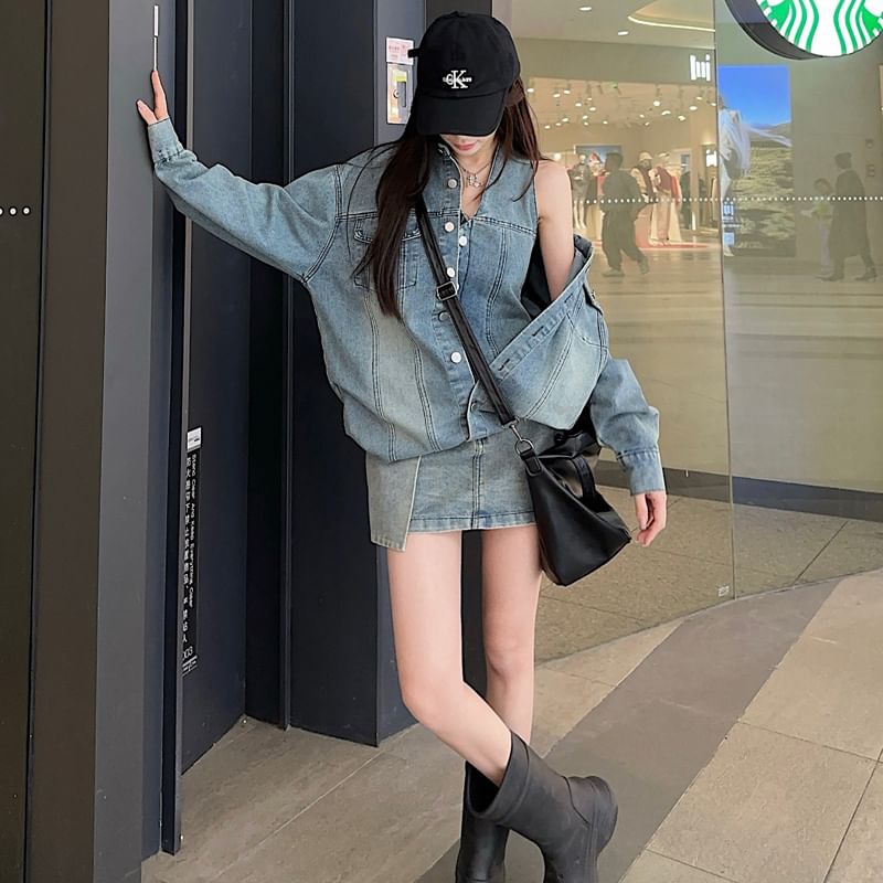 Washed Denim Shirt with Collar and High Waist Pencil Skirt Set