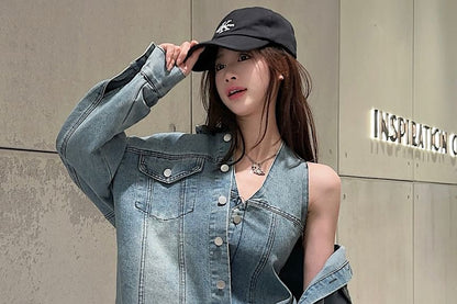 Washed Denim Shirt with Collar and High Waist Pencil Skirt Set