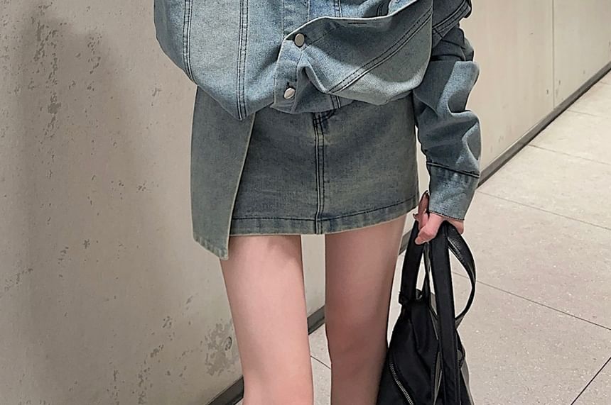 Washed Denim Shirt with Collar and High Waist Pencil Skirt Set
