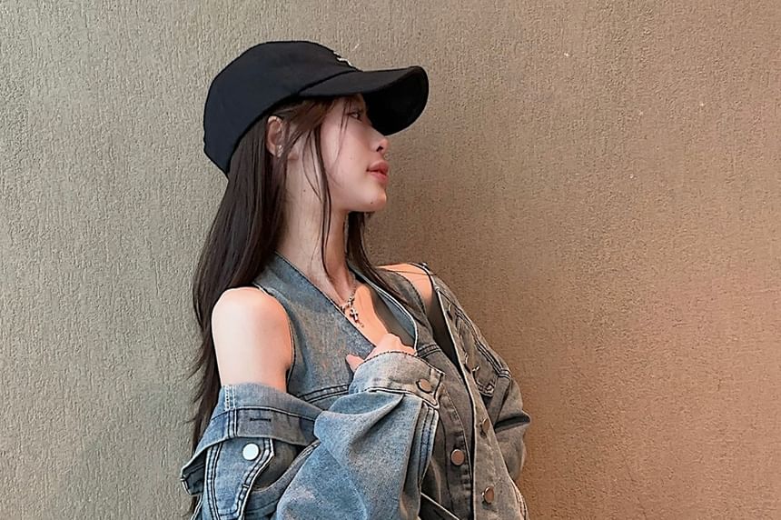 Washed Denim Shirt with Collar and High Waist Pencil Skirt Set
