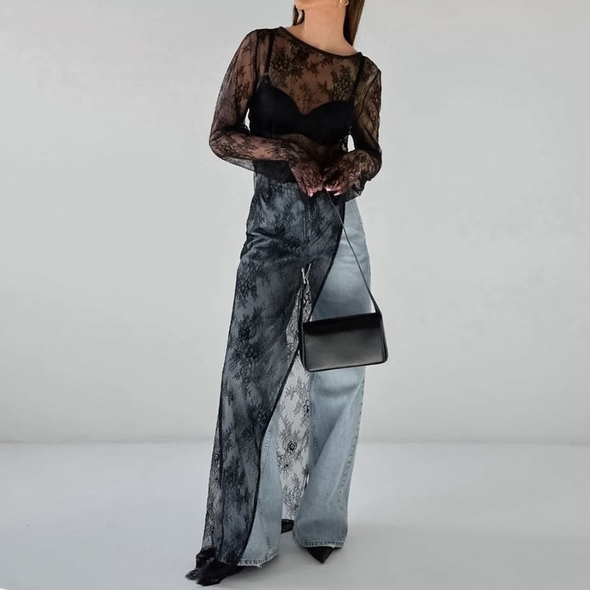 Crewneck Lace Slit Hem Long-Sleeve Maxi Dress