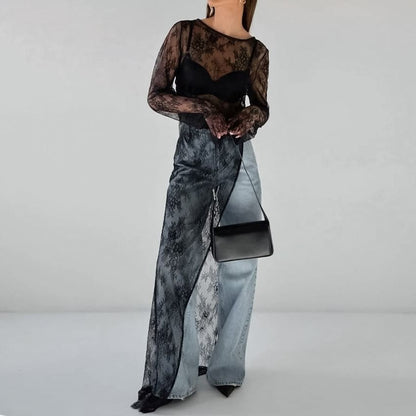 Crewneck Lace Slit Hem Long-Sleeve Maxi Dress