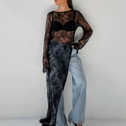 Crewneck Lace Slit Hem Long-Sleeve Maxi Dress