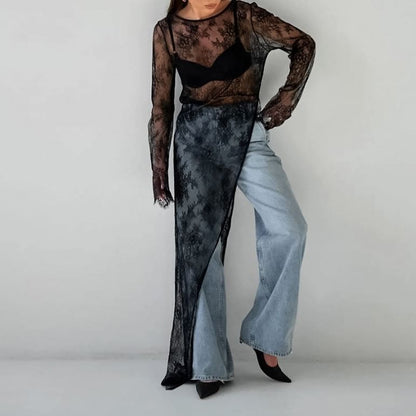 Crewneck Lace Slit Hem Long-Sleeve Maxi Dress