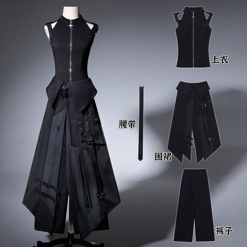 Vest with Buckled Zip, Wide-Leg Pants, Panel Skirt, Belt Set