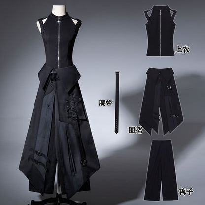 Vest with Buckled Zip, Wide-Leg Pants, Panel Skirt, Belt Set