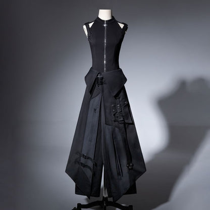Vest with Buckled Zip, Wide-Leg Pants, Panel Skirt, Belt Set