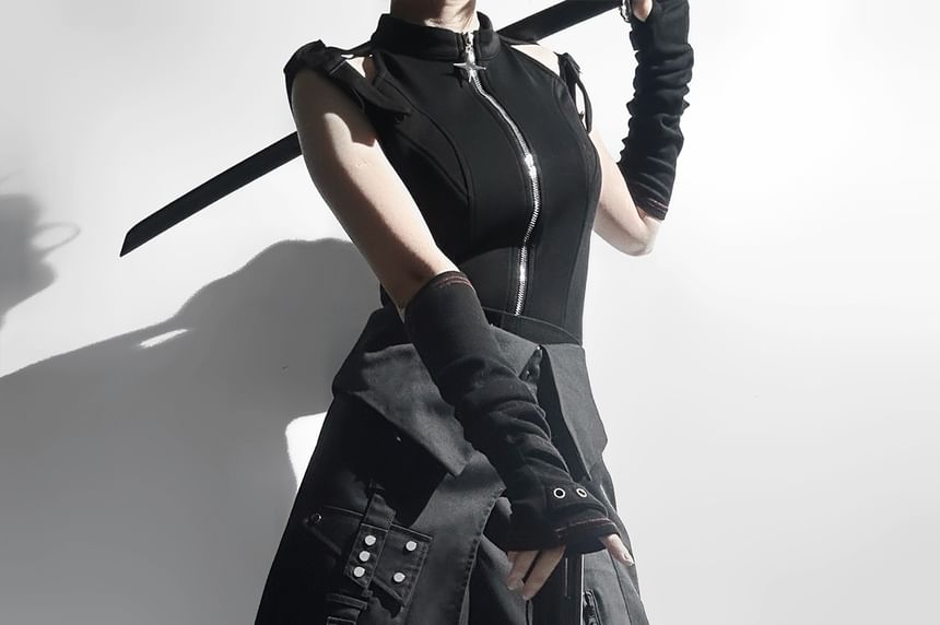 Vest with Buckled Zip, Wide-Leg Pants, Panel Skirt, Belt Set
