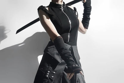 Vest with Buckled Zip, Wide-Leg Pants, Panel Skirt, Belt Set