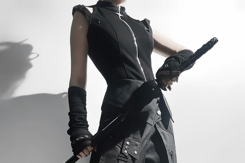 Vest with Buckled Zip, Wide-Leg Pants, Panel Skirt, Belt Set