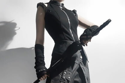 Vest with Buckled Zip, Wide-Leg Pants, Panel Skirt, Belt Set