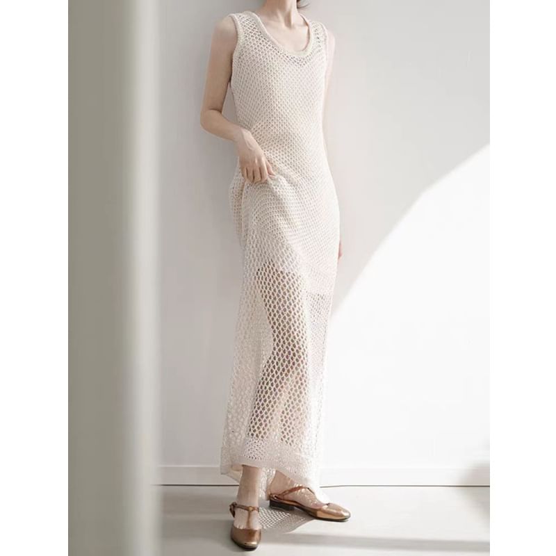 Crochet Crewneck Sleeveless Sheath Maxi Dress