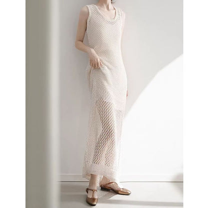 Crochet Crewneck Sleeveless Sheath Maxi Dress