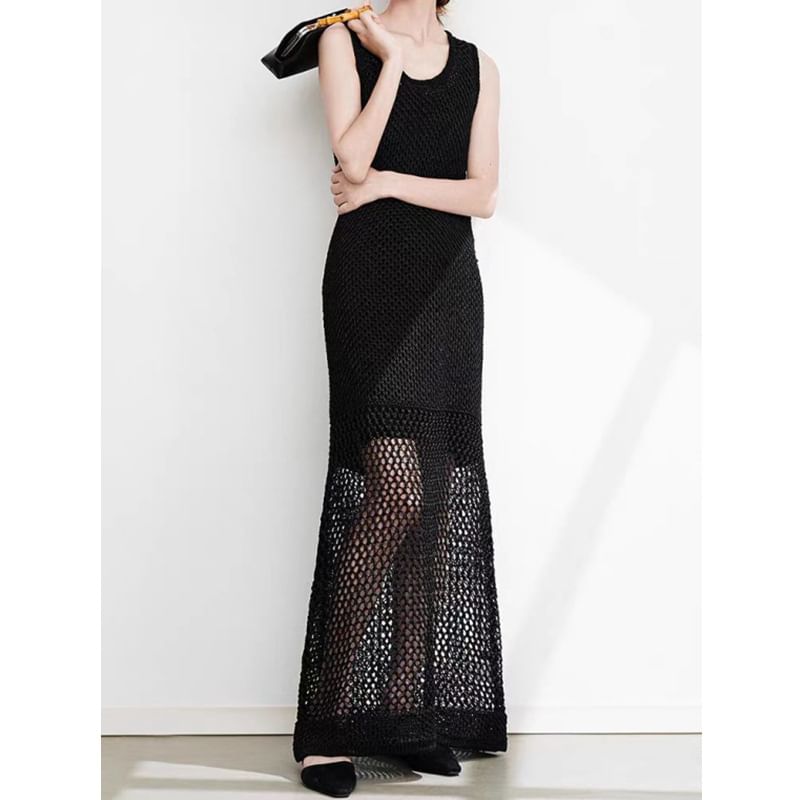 Crochet Crewneck Sleeveless Sheath Maxi Dress