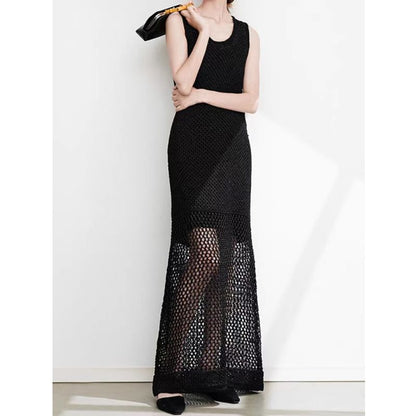 Crochet Crewneck Sleeveless Sheath Maxi Dress