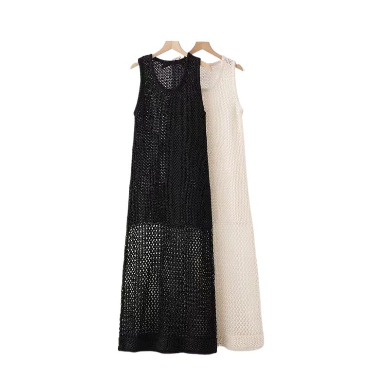 Crochet Crewneck Sleeveless Sheath Maxi Dress