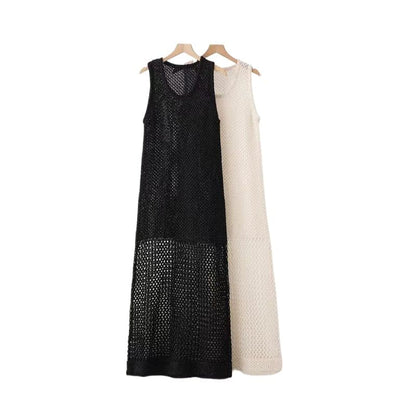 Crochet Crewneck Sleeveless Sheath Maxi Dress