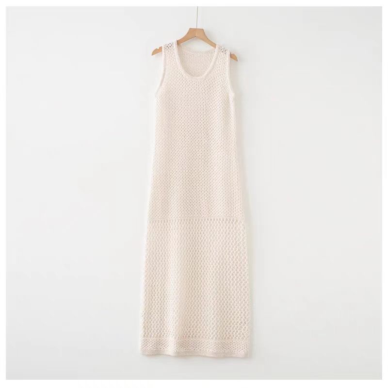 Crochet Crewneck Sleeveless Sheath Maxi Dress