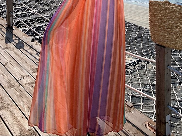Block Color Halter A-Line Maxi Dress
