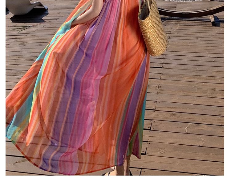 Block Color Halter A-Line Maxi Dress