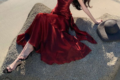 Ruffled Trim Ruched Spaghetti Strap Maxi Dress