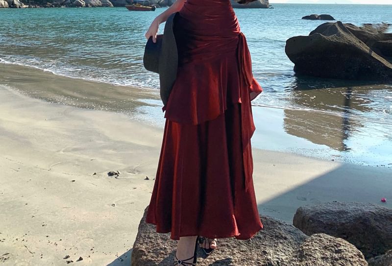 Ruffled Trim Ruched Spaghetti Strap Maxi Dress