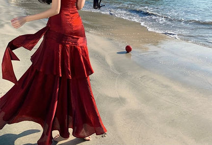 Ruffled Trim Ruched Spaghetti Strap Maxi Dress