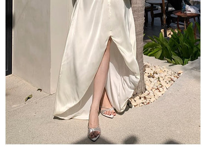 Open Back Slit Halter A-Line Maxi Dress