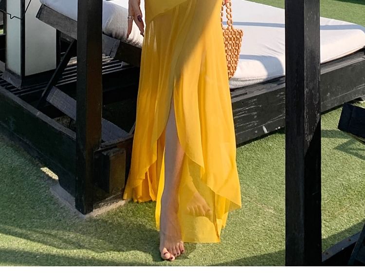 Asymmetrical Spaghetti Strap Plain Sheath Maxi Dress
