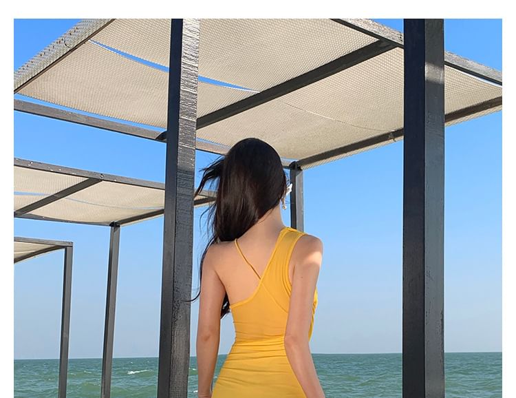 Asymmetrical Spaghetti Strap Plain Sheath Maxi Dress