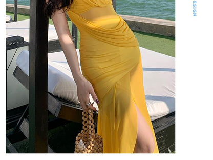 Asymmetrical Spaghetti Strap Plain Sheath Maxi Dress